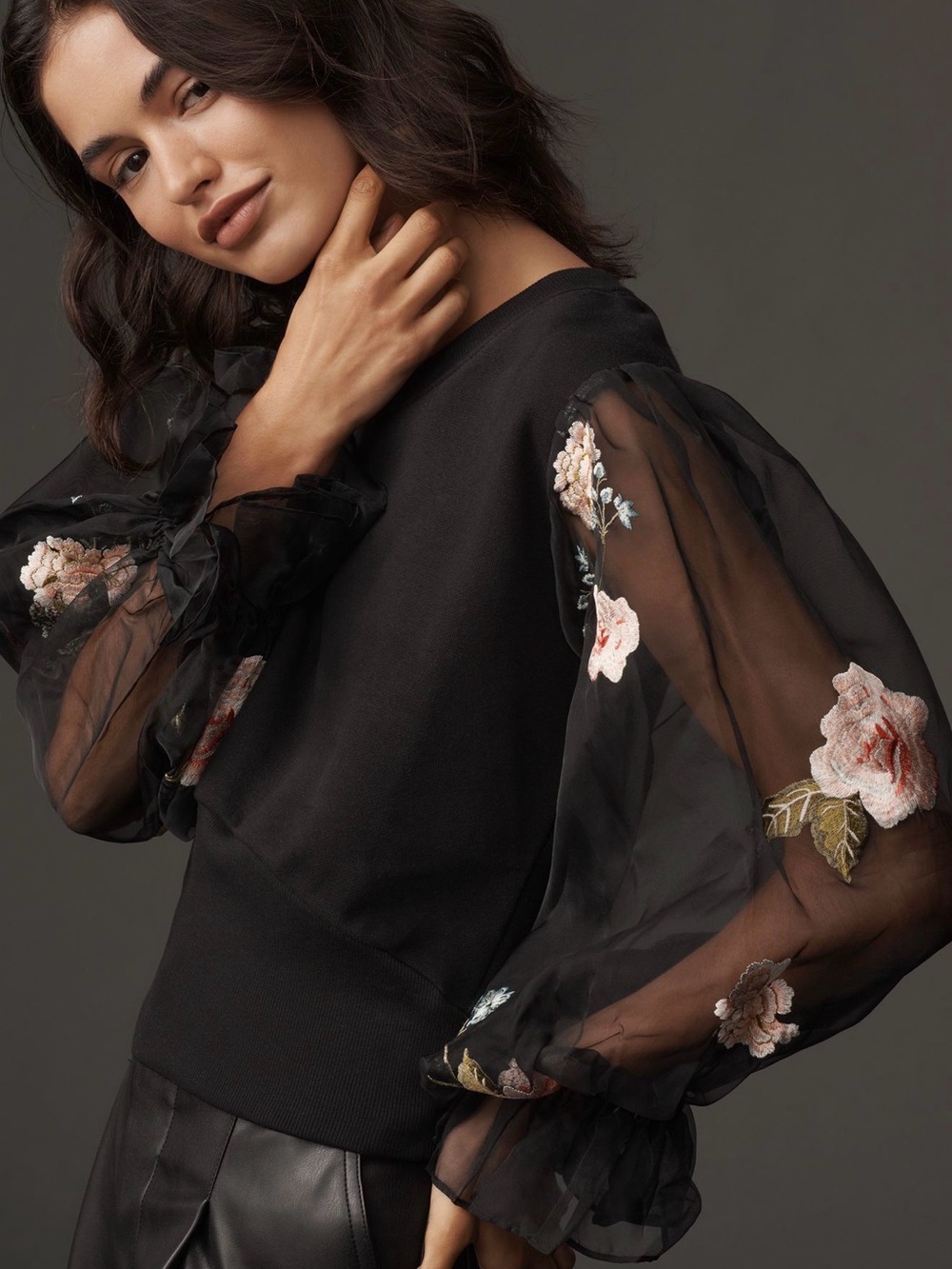 Anthropologie Black Floral Sheer Top with Embroidered Sleeves NWT Size XS